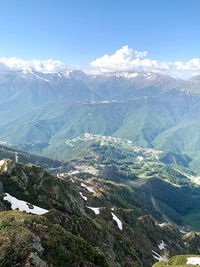 High angle view of snowcapped mountains against sky