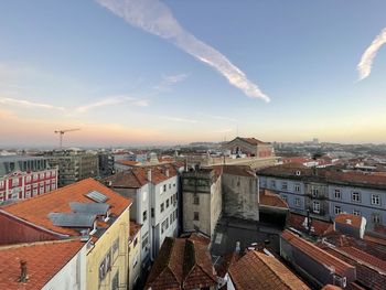 High angle view of townscape against sky during sunset