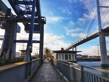 Bridge over canal amidst buildings in city against sky