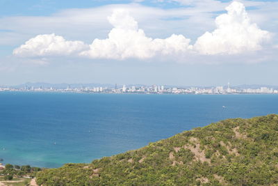 Panoramic shot of sea and cityscape against sky