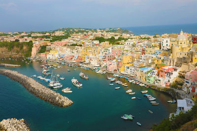 Beautiful colorful harbor of procida island, naples, italy.