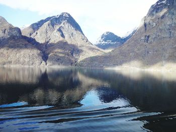 Scenic view of lake and mountains against sky