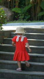 Rear view of girl climbing on steps