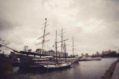 Sailboats moored in harbor