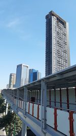 Low angle view of modern building against blue sky