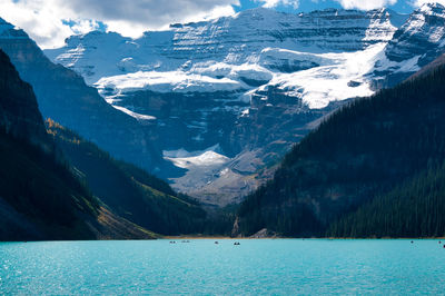 Scenic view of lake by snowcapped mountains