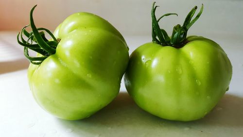 Close-up of wet green tomatoes on table