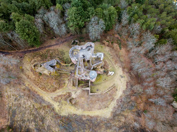 High angle view of old ruin on field