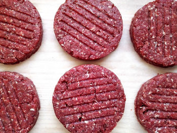 High angle view of raw meat arranged on table