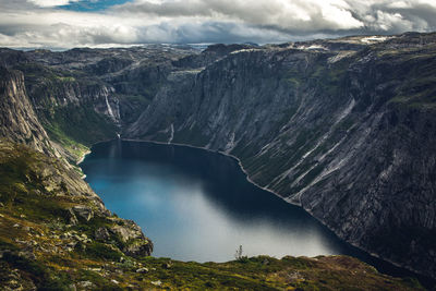 Aerial view of lake by mountain against sky