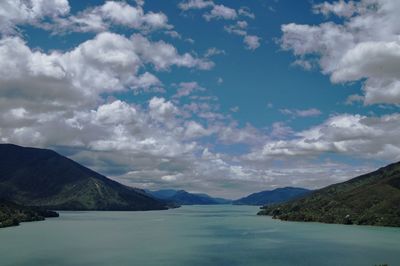 Scenic view of lake and mountains against sky