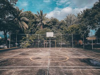 View of basketball hoop on field against sky