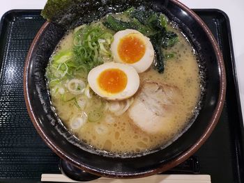 High angle view of soup in bowl