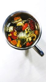 High angle view of salad in bowl on table