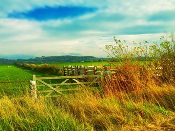 Scenic view of grassy field against cloudy sky