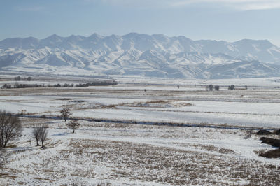 Scenic view of snowcapped mountains against sky