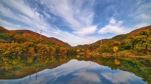 Scenic view of lake by trees against sky during autumn