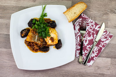 High angle view of food served on table