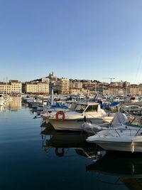 Sailboats moored at harbor against clear sky