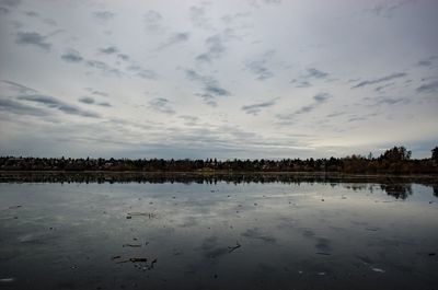 Scenic view of lake against sky at sunset