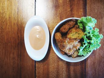 High angle view of breakfast served on table