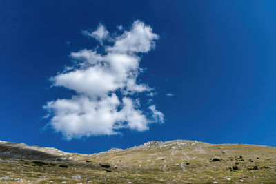 Low angle view of mountain against blue sky