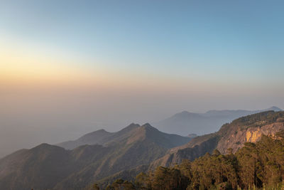 Scenic view of mountains against clear sky during sunset