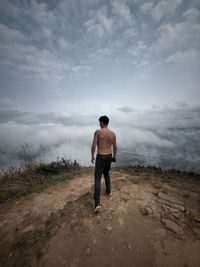 Rear view of man standing at beach against sky