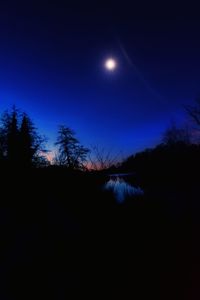 Silhouette trees against clear sky at night