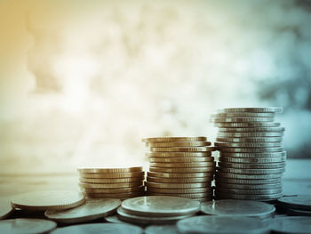 Close-up of coins on table