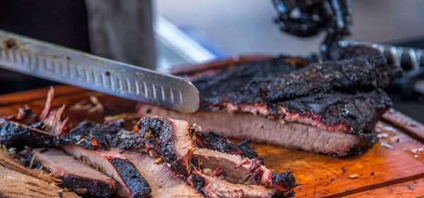 Close-up of meat on barbecue grill