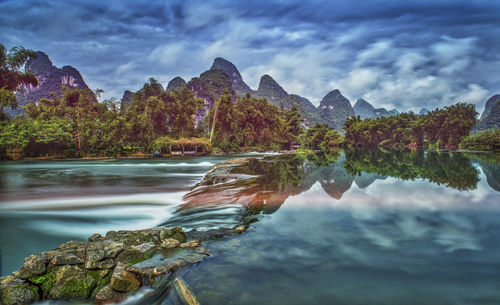 Scenic view of lake against cloudy sky