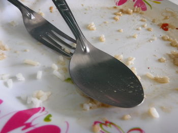 High angle view of meal served on table