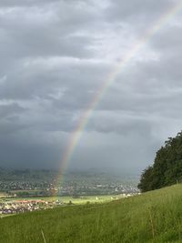 Scenic view of rainbow over land against sky