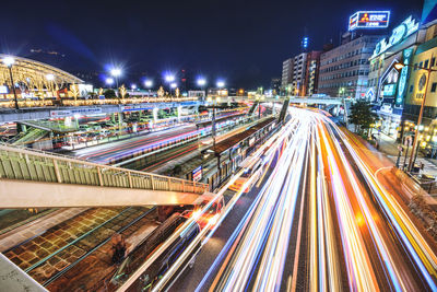 High angle view of light trails on street at night