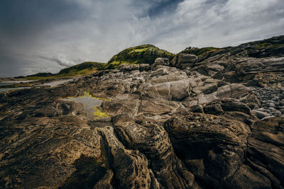Rock formations on landscape against sky