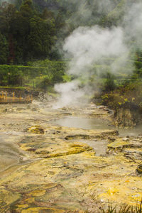 Smoke emitting from volcanic landscape