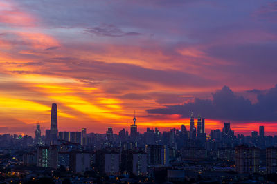 Modern buildings against sky during sunset