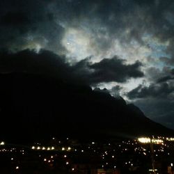 Illuminated cityscape against cloudy sky