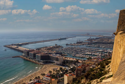 High angle view of townscape by sea against sky