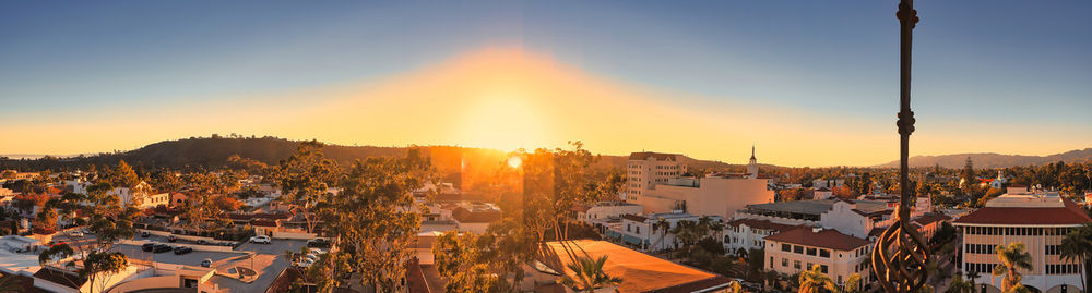 High angle view of townscape against sky during sunset