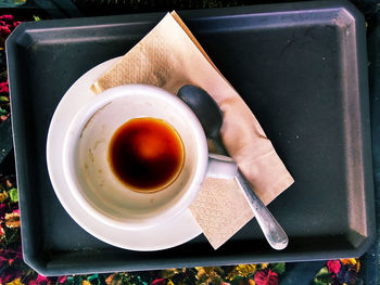 High angle view of coffee cup on table