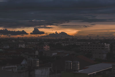 High angle view of townscape against sky at sunset