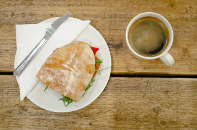 High angle view of breakfast served on table