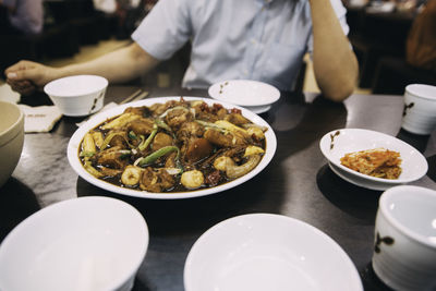 Close-up of food served on table