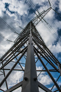 Low angle view of power lines against cloudy sky