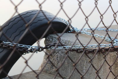 Close-up of padlocks on chainlink fence