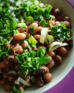 High angle view of cooked beans in plate