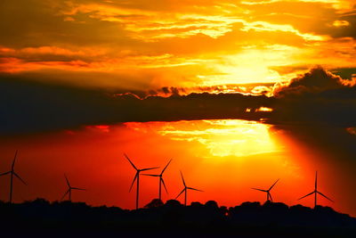 Silhouette of wind turbines during sunset