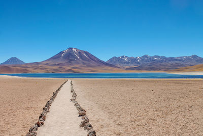 Scenic view of desert against clear blue sky